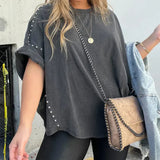 T-Shirt | Stud-Detail Oversized Boyfriend Top | Edgy Comfortable 0