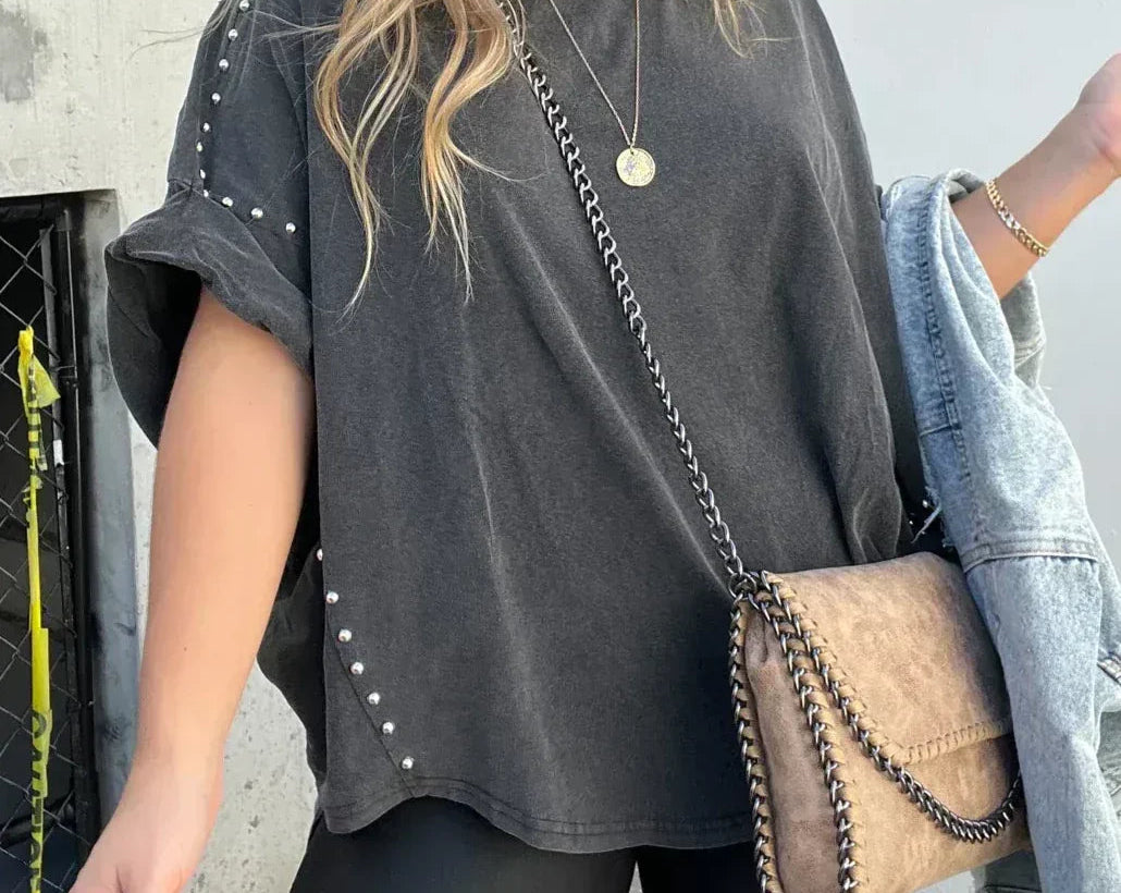 T-Shirt | Stud-Detail Oversized Boyfriend Top | Edgy Comfortable 0