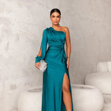One-Shoulder Draped Maxi Dress - Turquoise