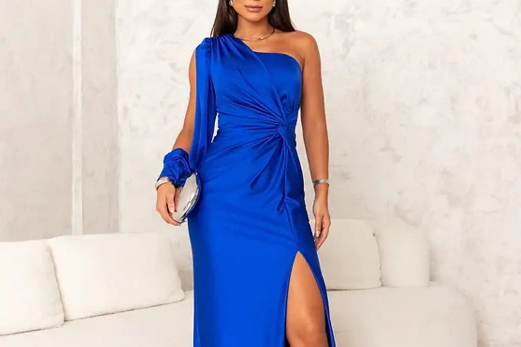 One-Shoulder Draped Maxi Dress - Blue