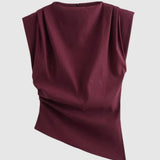 Top | Fitted Drapery Round Neck Sleeveless Blouse | Elegant Sophisticated 1