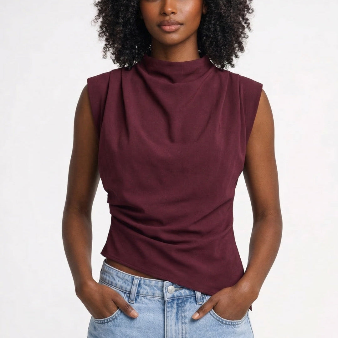 Top | Fitted Drapery Round Neck Sleeveless Blouse | Elegant Sophisticated 2