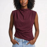 Top | Fitted Drapery Round Neck Sleeveless Blouse | Elegant Sophisticated 2