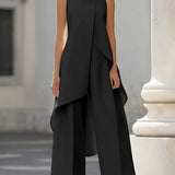Two-Piece Set | Elegant High Neck Sleeveless Summer Top with Wide-Leg Pants 0