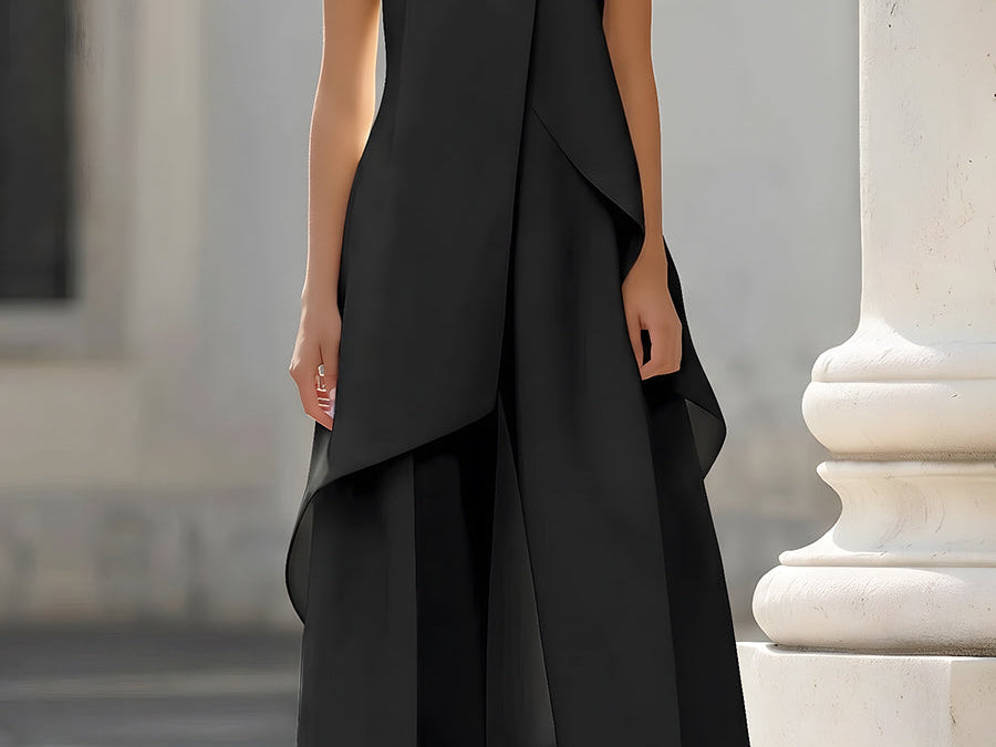 Two-Piece Set | Elegant High Neck Sleeveless Summer Top with Wide-Leg Pants 0
