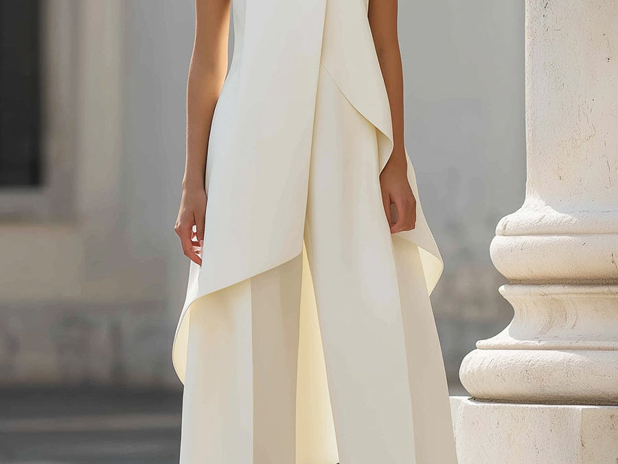 Two-Piece Set | Elegant High Neck Sleeveless Summer Top with Wide-Leg Pants 1