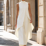 Two-Piece Set | Elegant High Neck Sleeveless Summer Top with Wide-Leg Pants 3