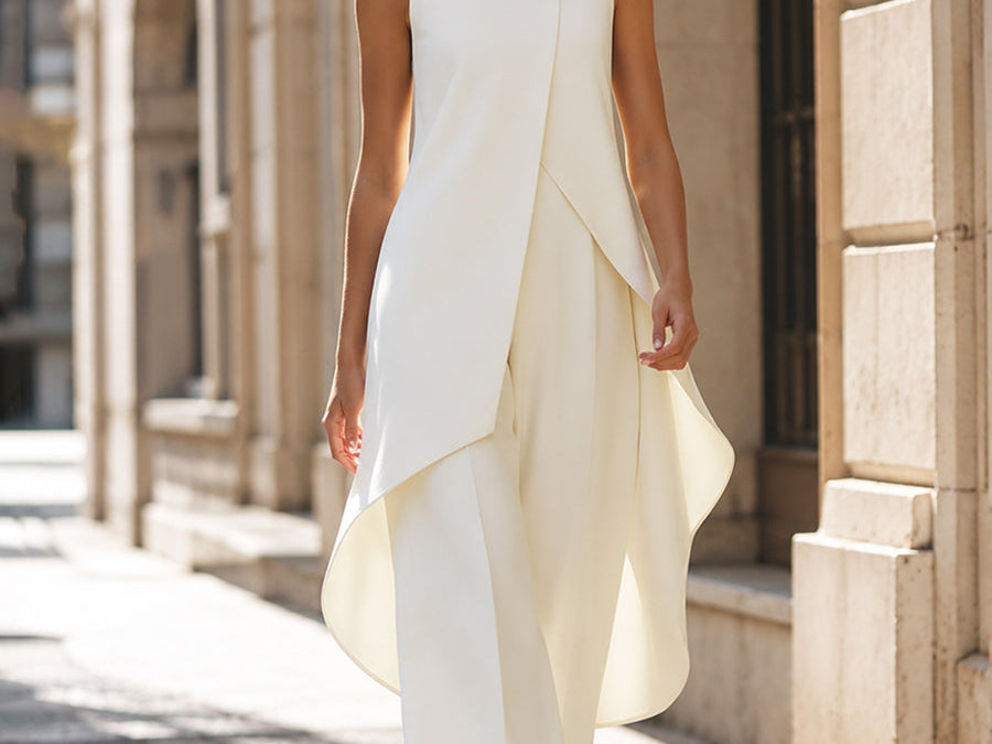 Two-Piece Set | Elegant High Neck Sleeveless Summer Top with Wide-Leg Pants 3