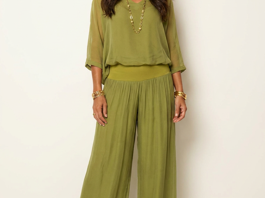 Two-Piece Set | Elegant V-Neck Top with Wide Trousers 0