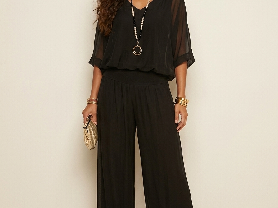 Two-Piece Set | Elegant V-Neck Top with Wide Trousers 1
