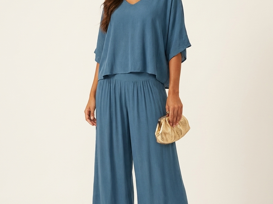 Two-Piece Set | Elegant V-Neck Top with Wide Trousers 10