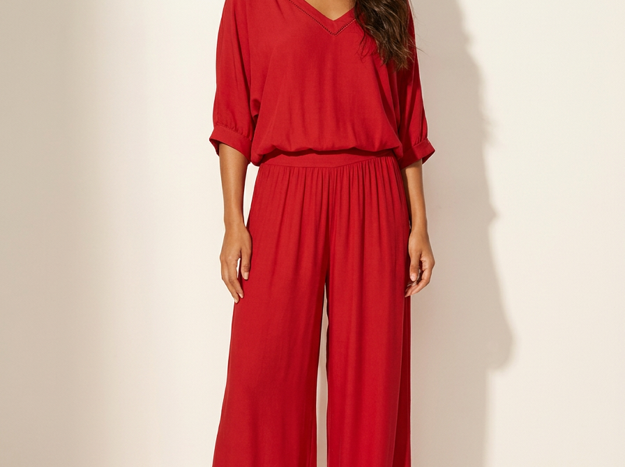 Two-Piece Set | Elegant V-Neck Top with Wide Trousers 11