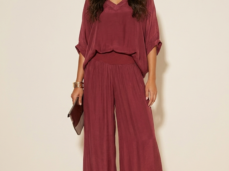 Two-Piece Set | Elegant V-Neck Top with Wide Trousers 13