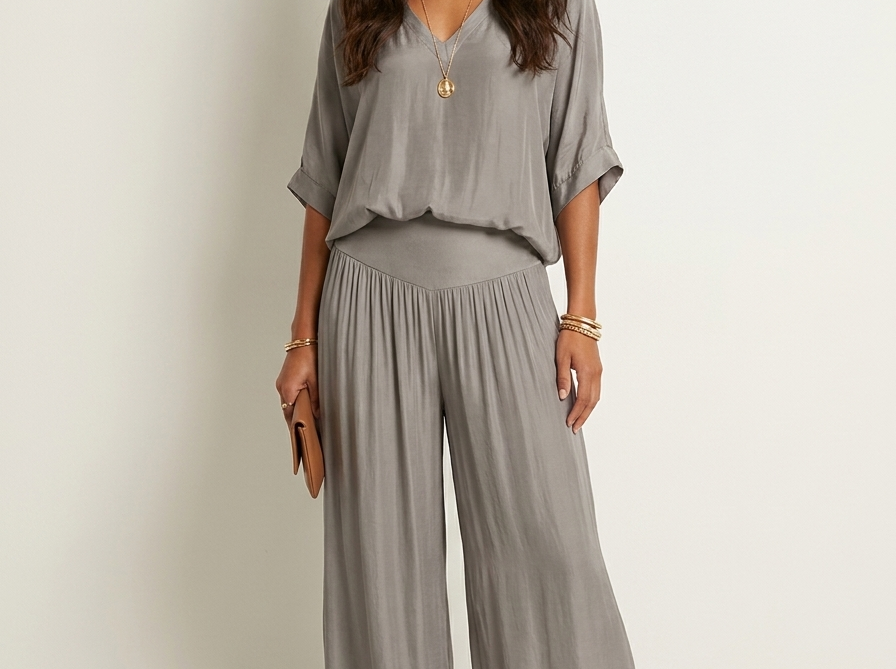 Two-Piece Set | Elegant V-Neck Top with Wide Trousers 4