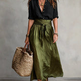 Two Piece Set | Elegant High-Waisted Midi Skirt and Button-Down Blouse Matching Set 0