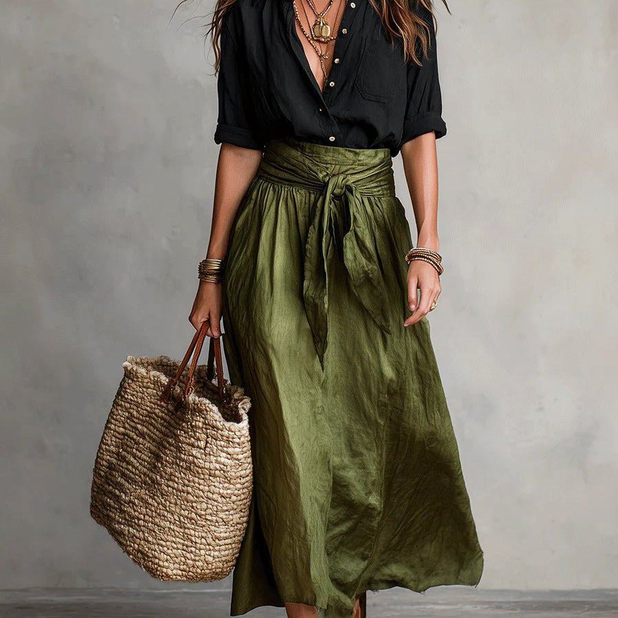 Two Piece Set | Elegant High-Waisted Midi Skirt and Button-Down Blouse Matching Set 0