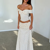 Two Piece Set | Off Shoulder Crop Top with Polka Dot Maxi Skirt 0