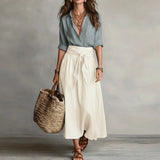 High-Waist Linen Maxi Skirt - Grey & White