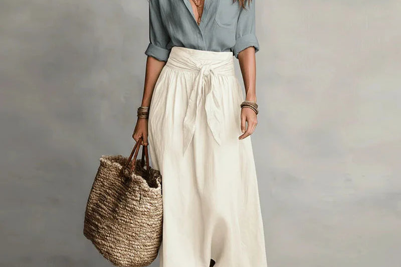 High-Waist Linen Maxi Skirt - Grey & White