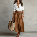 High-Waist Linen Maxi Skirt - White & Brown