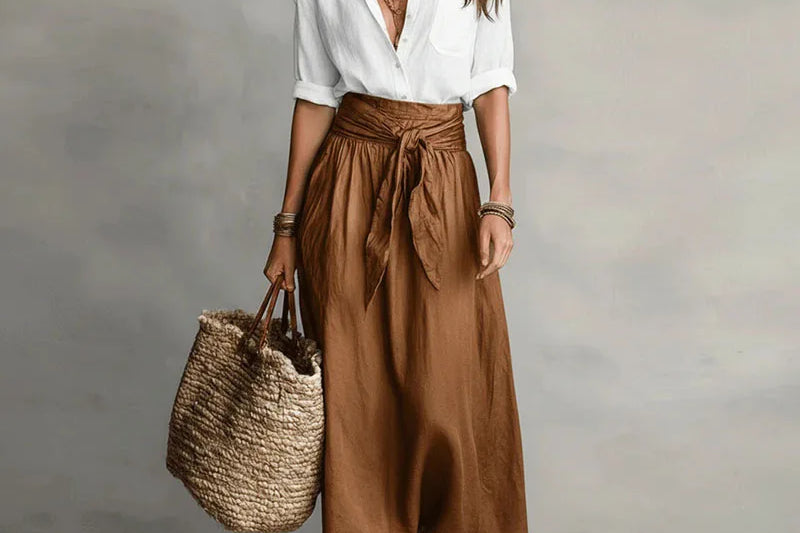 High-Waist Linen Maxi Skirt - White & Brown
