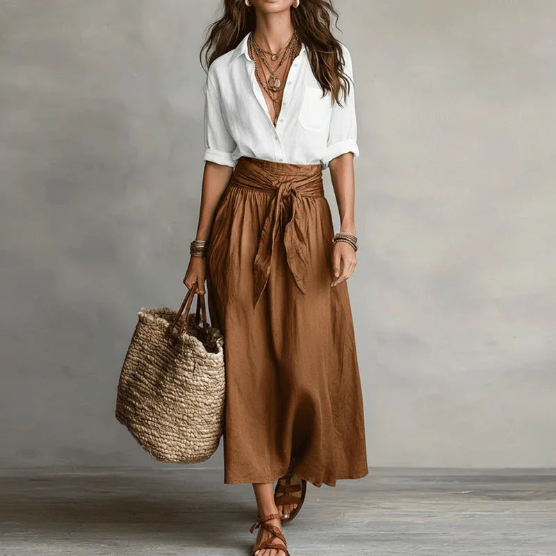 High-Waist Linen Maxi Skirt - White & Brown