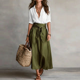 High-Waist Linen Maxi Skirt - White & Green