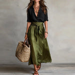 High-Waist Linen Maxi Skirt - Black & Green
