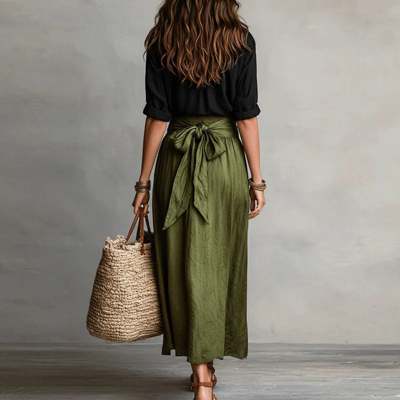 High-Waist Linen Maxi Skirt belt detail