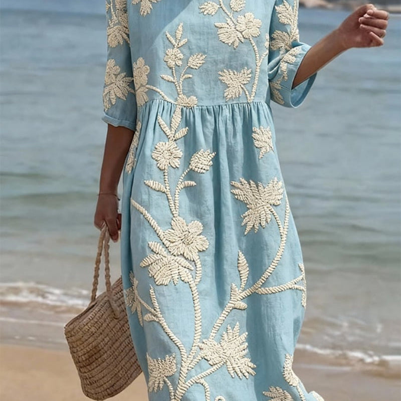 Vintage Elegance | Women's Dress with Floral Embroidery | Comfortable Summer Midi for Effortless Style 0