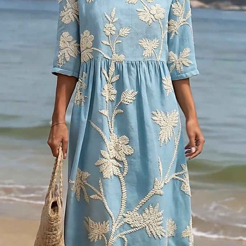 Vintage Elegance | Women's Dress with Floral Embroidery | Comfortable Summer Midi for Effortless Style 1
