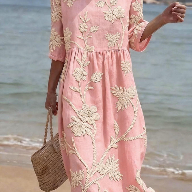 Vintage Elegance | Women's Dress with Floral Embroidery | Comfortable Summer Midi for Effortless Style 2
