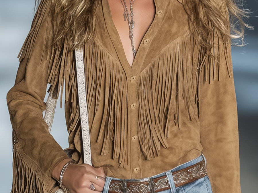 Western Shirt | Fringe Long Sleeve Button-Up Stylish Warm Top 0