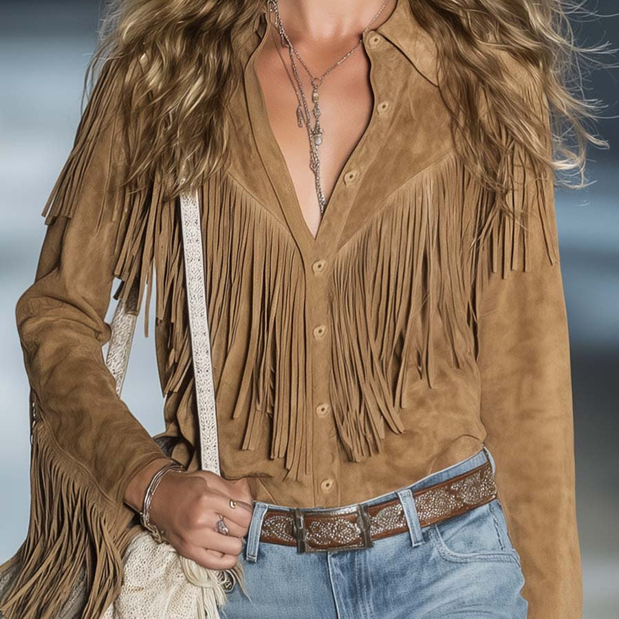 Western Shirt | Fringe Long Sleeve Button-Up Stylish Warm Top 0