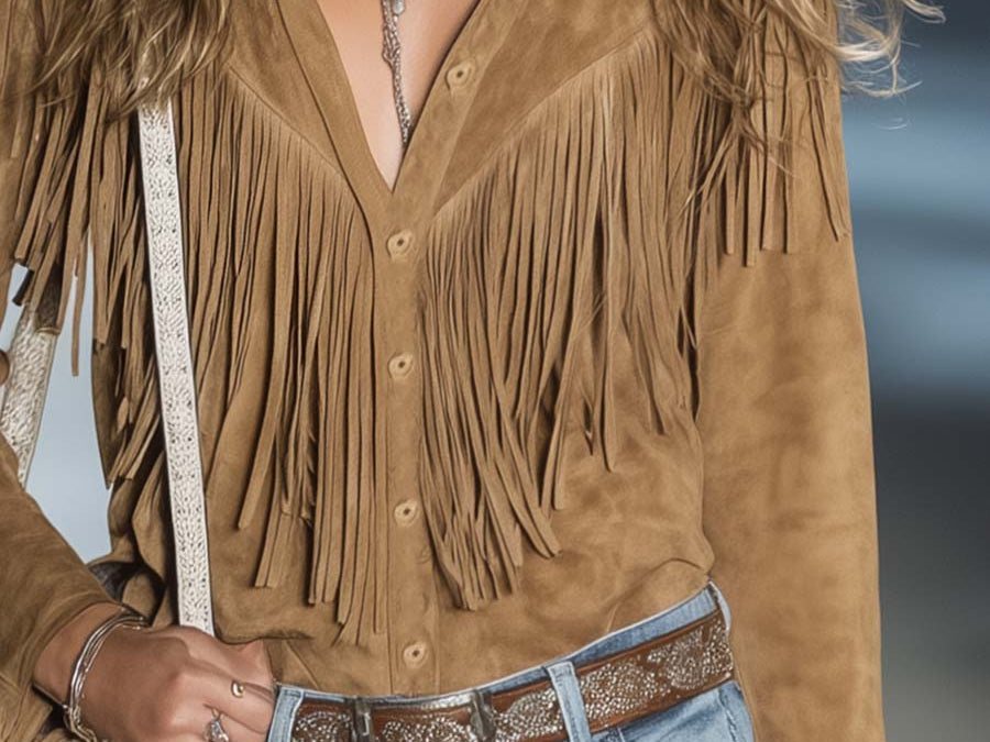 Western Shirt | Fringe Long Sleeve Button-Up Stylish Warm Top 4