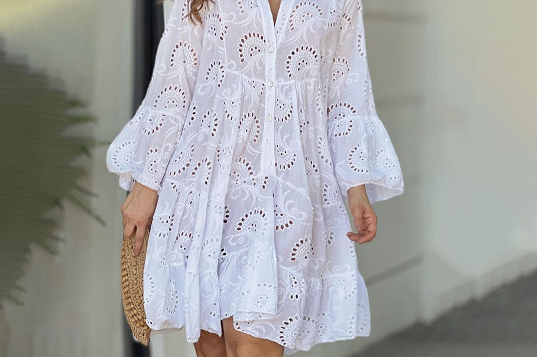 Women's Openwork Embroidered Summer Dress | Elegant Long-Sleeve V-Neck Dress