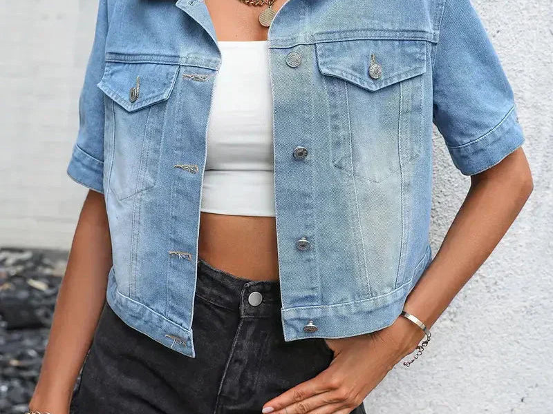 Women's Cotton Denim Jacket | Stylish Short Sleeve Summer Outerwear 0