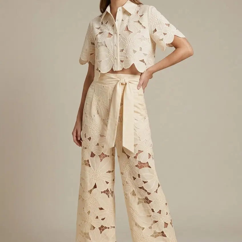 Women's Floral Lace Two-Piece Set | Cape-Overlay Top & Wide-Leg Trousers