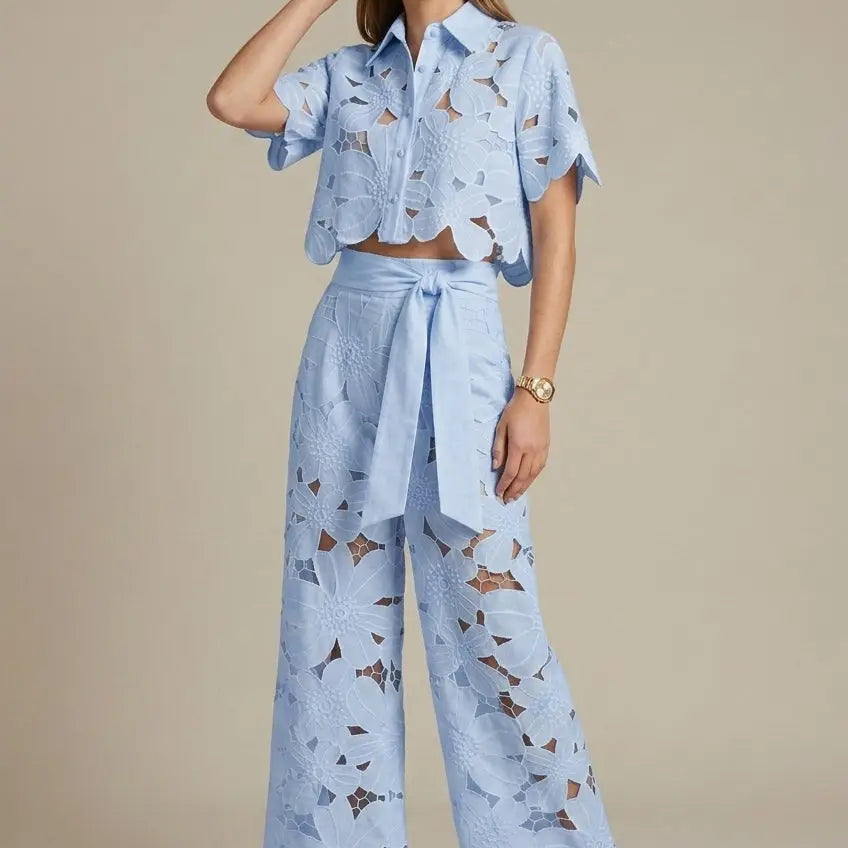 Women's Floral Lace Two-Piece Set | Cape-Overlay Top & Wide-Leg Trousers