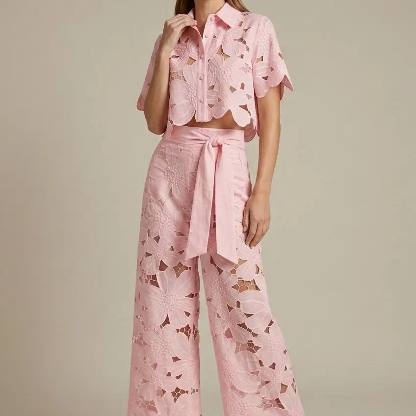 Women's Floral Lace Two-Piece Set | Cape-Overlay Top & Wide-Leg Trousers