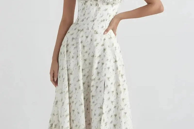 Women's Floral Print Polyester Summer Dress | Elegant Corset Maxi Dress with Side Slit 0