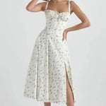 Women's Floral Print Polyester Summer Dress | Elegant Corset Maxi Dress with Side Slit 1