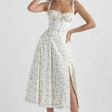 Women's Floral Print Polyester Summer Dress | Elegant Corset Maxi Dress with Side Slit 1