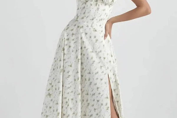 Women's Floral Print Polyester Summer Dress | Elegant Corset Maxi Dress with Side Slit 1