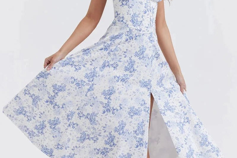 Women's Floral Print Polyester Summer Dress | Elegant Corset Maxi Dress with Side Slit 12