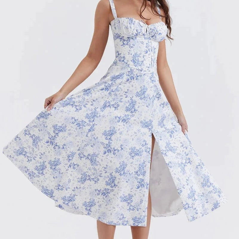 Women's Floral Print Polyester Summer Dress | Elegant Corset Maxi Dress with Side Slit 12