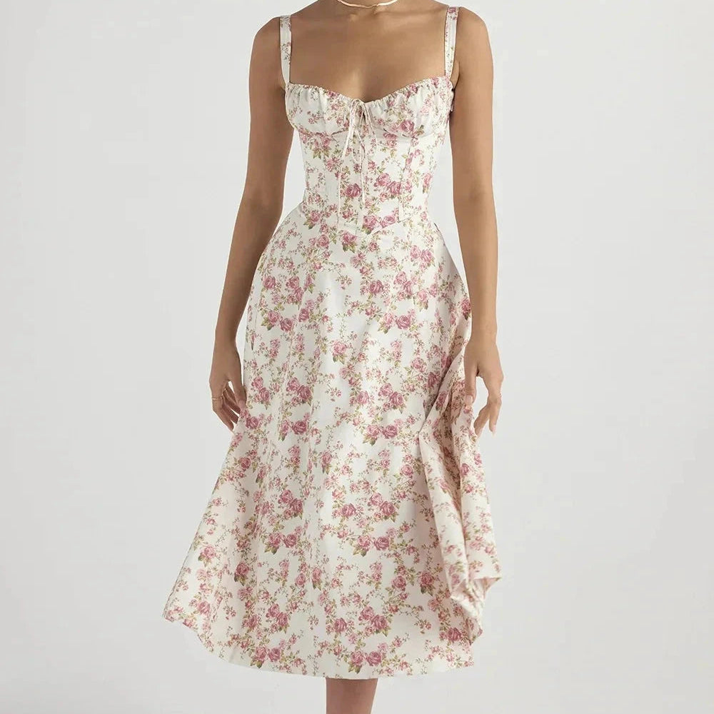 Women's Floral Print Polyester Summer Dress | Elegant Corset Maxi Dress with Side Slit 13