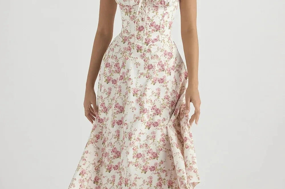 Women's Floral Print Polyester Summer Dress | Elegant Corset Maxi Dress with Side Slit 13