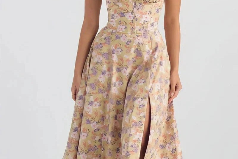 Women's Floral Print Polyester Summer Dress | Elegant Corset Maxi Dress with Side Slit 9