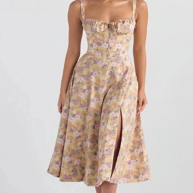 Women's Floral Print Polyester Summer Dress | Elegant Corset Maxi Dress with Side Slit 9
